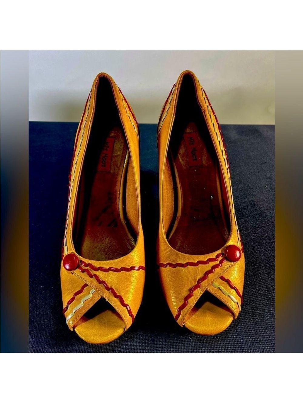 Vintage Miz Mooz Yellow Peep-tu Toe Heels with Red Accent Button
